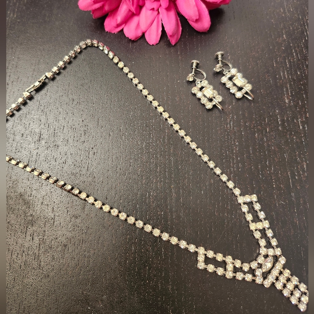 Vintage Rhinestone Necklace and Screw Back Earring Set